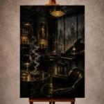 Black and amber Noir Movie Wall Art print featuring an empty jazz lounge with a polished piano and rain-streaked windows