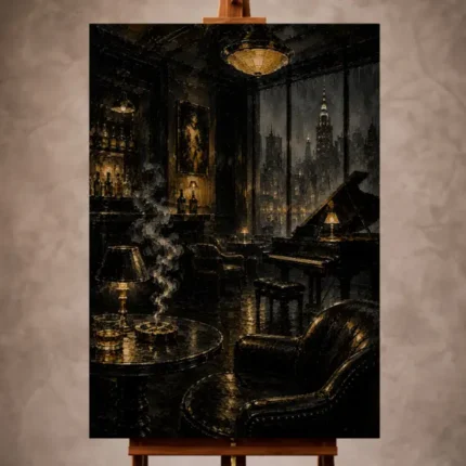 Black and amber Noir Movie Wall Art print featuring an empty jazz lounge with a polished piano and rain-streaked windows