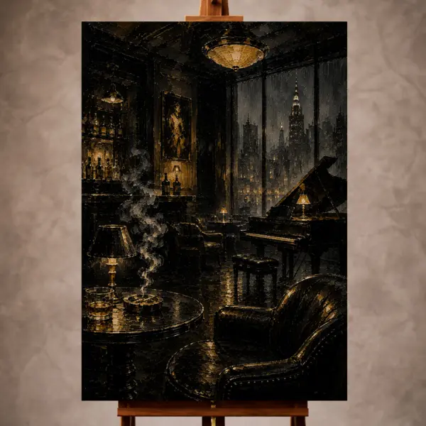 Premium Wall Art Dikey Html Edition – THECİNEMAGARA025 Image 1 Black and amber Noir Movie Wall Art print featuring an empty jazz lounge with a polished piano and rain-streaked windows