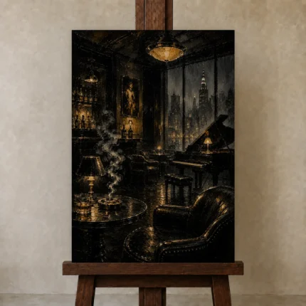 Amber Jazz Lounge Noir Movie Wall Art Canvas Print shown in Studio Easel