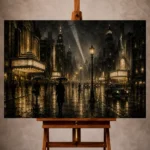 Black and gold Noir Movie Wall Art print featuring a rain-soaked Art Deco boulevard with vintage cinemas and umbrella silhouettes