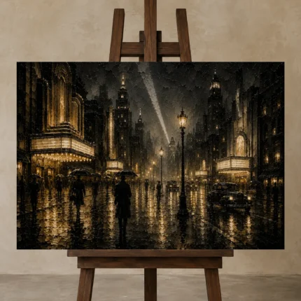 Golden Art Deco Boulevard Noir Movie Wall Art Canvas Print shown in Studio Easel