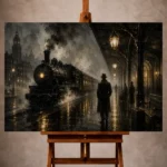 Black and gold Noir Movie Wall Art print featuring a vintage locomotive emerging through steam on a misty railway platform
