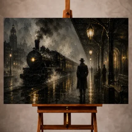 Black and gold Noir Movie Wall Art print featuring a vintage locomotive emerging through steam on a misty railway platform
