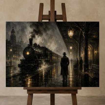Mistbound Railway Noir Movie Wall Art Canvas Print displayed on a studio easel