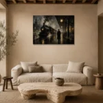 Mistbound Railway Noir Movie Wall Art Canvas Print presented in a sophisticated home setting