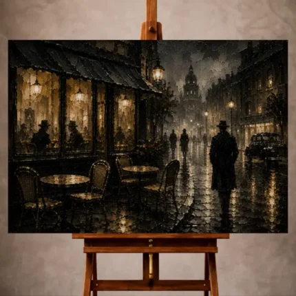 Black and gold Noir Movie Wall Art print featuring a glowing corner café, rainy cobblestones, and passing silhouettes