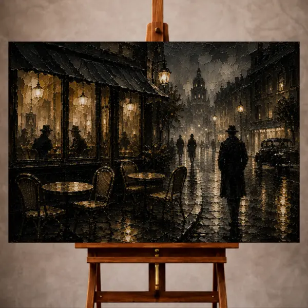 Premium Wall Art Yatay Html Edition – THECİNEMAGARA028 Image 1 Black and gold Noir Movie Wall Art print featuring a glowing corner café, rainy cobblestones, and passing silhouettes
