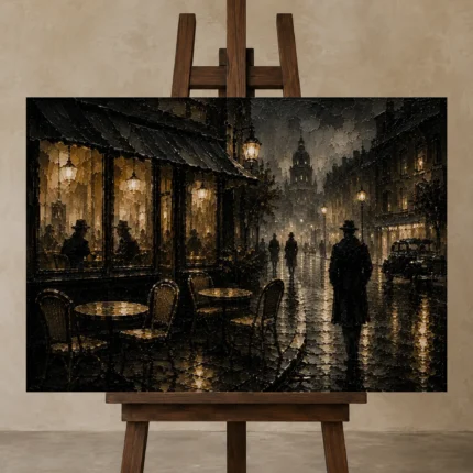 Golden Rainlit Café Noir Movie Wall Art Canvas Print shown in Studio Easel