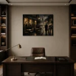 Golden Rainlit Café Noir Movie Wall Art Canvas Print displayed in a contemporary gallery-inspired room