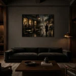 Golden Rainlit Café Noir Movie Wall Art Canvas Print shown in a warm modern interior