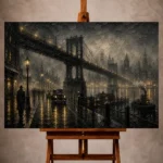 Black and gold Noir Movie Wall Art print featuring a fogbound steel bridge, vintage automobiles, and a rain-covered riverfront