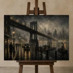 Fogbound Steel Bridge Noir Movie Wall Art Canvas Print displayed on a studio easel