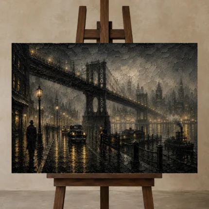 Fogbound Steel Bridge Noir Movie Wall Art Canvas Print shown in Studio Easel