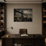 Fogbound Steel Bridge Noir Movie Wall Art Canvas Print displayed in a contemporary gallery-inspired room