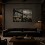 Fogbound Steel Bridge Noir Movie Wall Art Canvas Print shown in a warm modern interior