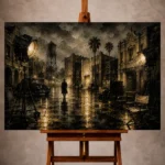 Black and amber Noir Movie Wall Art print featuring a rainlit studio backlot, dramatic spotlights, and a lone silhouette