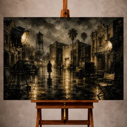 Black and amber Noir Movie Wall Art print featuring a rainlit studio backlot, dramatic spotlights, and a lone silhouette