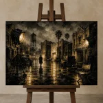 Amber Studio Backlot Noir Movie Wall Art Canvas Print displayed on a studio easel