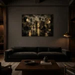 Amber Studio Backlot Noir Movie Wall Art Canvas Print shown in a warm modern interior