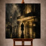Black and gold Noir Movie Wall Art print featuring a lone silhouette beneath a glowing historic cinema marquee