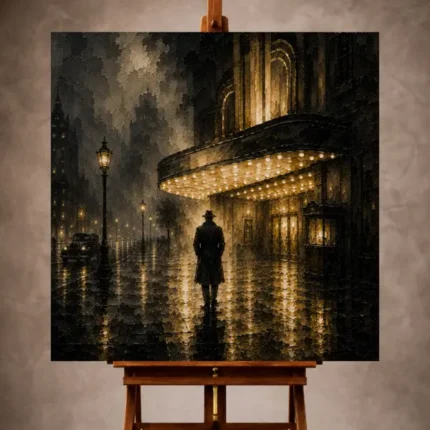 Black and gold Noir Movie Wall Art print featuring a lone silhouette beneath a glowing historic cinema marquee