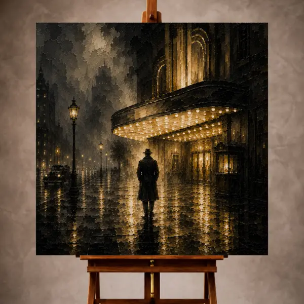 Premium Wall Art Kare Html Edition – THECİNEMAGARA031 Image 1 Black and gold Noir Movie Wall Art print featuring a lone silhouette beneath a glowing historic cinema marquee