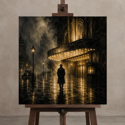 Golden Cinema Marquee Noir Movie Wall Art Canvas Print shown in Studio Easel