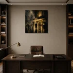 Golden Cinema Marquee Noir Movie Wall Art Canvas Print displayed in a contemporary gallery-inspired room