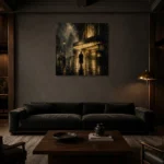 Golden Cinema Marquee Noir Movie Wall Art Canvas Print shown in a warm modern interior
