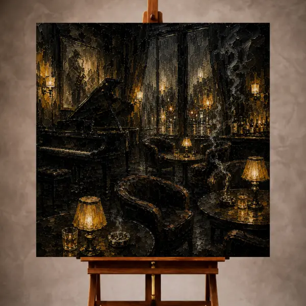 Premium Wall Art Kare Html Edition – THECİNEMAGARA032 Image 1 Black and amber Noir Movie Wall Art print featuring an empty piano, velvet armchairs, smoky light, and rain-streaked windows