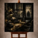 Black and gold Noir Movie Wall Art print featuring a private investigator’s desk, rotary phone, typewriter, and shadowed figure