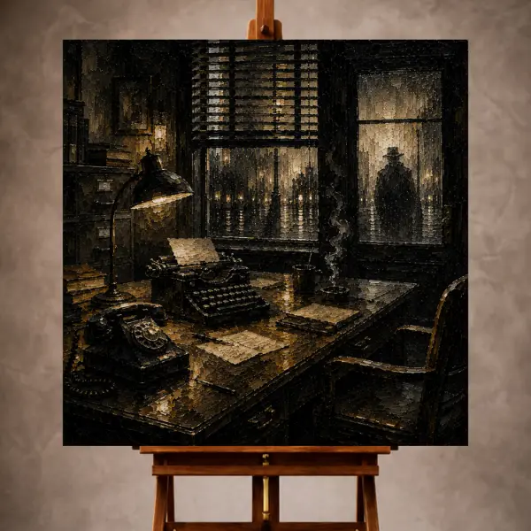 Premium Wall Art Kare Html Edition – THECİNEMAGARA033 Image 1 Black and gold Noir Movie Wall Art print featuring a private investigator’s desk, rotary phone, typewriter, and shadowed figure