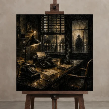 Shadowed Investigator Office Noir Movie Wall Art Canvas Print displayed on a studio easel