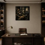 Shadowed Investigator Office Noir Movie Wall Art Canvas Print displayed in a contemporary gallery-inspired room