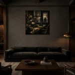 Shadowed Investigator Office Noir Movie Wall Art Canvas Print shown in a warm modern interior