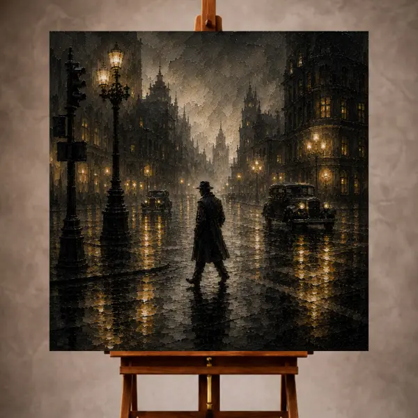 Premium Wall Art Kare Html Edition – THECİNEMAGARA034 Image 1 Black and gold Noir Movie Wall Art print featuring a lone silhouette crossing a foggy rain-soaked city intersection
