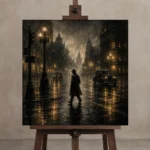 Fogbound City Intersection Noir Movie Wall Art Canvas Print displayed on a studio easel
