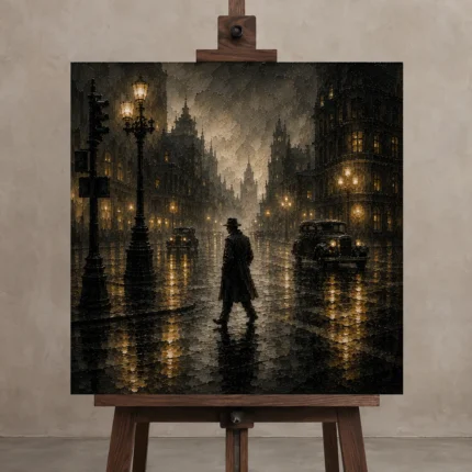 Fogbound City Intersection Noir Movie Wall Art Canvas Print shown in Studio Easel