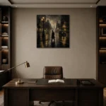 Fogbound City Intersection Noir Movie Wall Art Canvas Print displayed in a contemporary gallery-inspired room