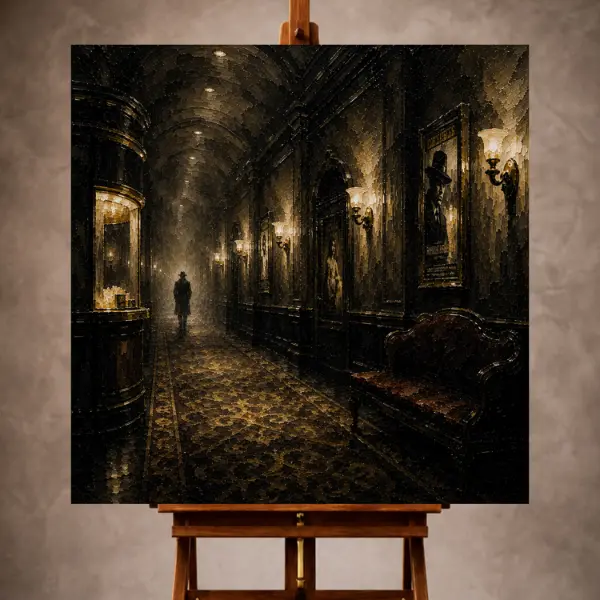 Premium Wall Art Kare Html Edition – THECİNEMAGARA035 Image 1 Black and gold Noir Movie Wall Art print featuring an ornate cinema hallway with glowing sconces and a distant silhouette