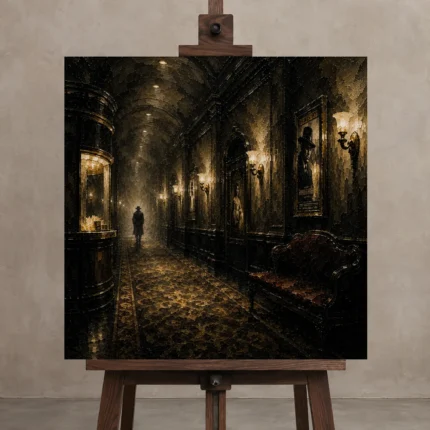 Golden Cinema Hallway Noir Movie Wall Art Canvas Print shown in Studio Easel