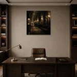 Golden Cinema Hallway Noir Movie Wall Art Canvas Print displayed in a contemporary gallery-inspired room