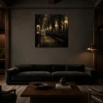 Golden Cinema Hallway Noir Movie Wall Art Canvas Print shown in a warm modern interior