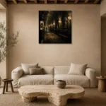 Golden Cinema Hallway Noir Movie Wall Art Canvas Print presented in a sophisticated home setting