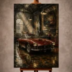 Charcoal and deep red Vintage Garage Wall Art print featuring a restored 1950s grand touring coupe in an elegant industrial garage
