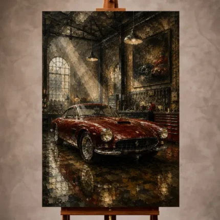 Charcoal and deep red Vintage Garage Wall Art print featuring a restored 1950s grand touring coupe in an elegant industrial garage