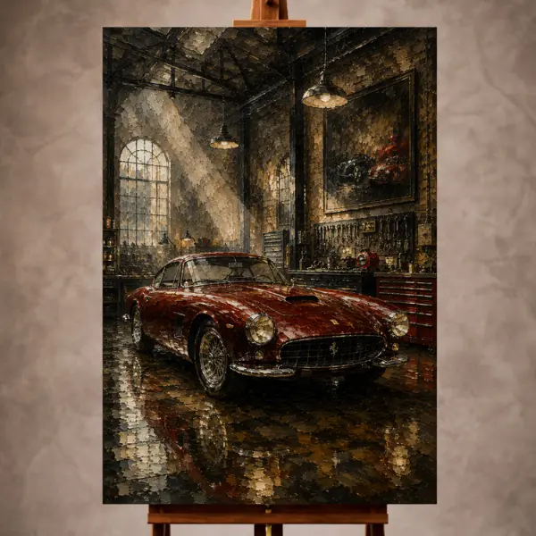 Premium Wall Art Dikey Html Edition – THECİNEMAGARA036 Image 1 Charcoal and deep red Vintage Garage Wall Art print featuring a restored 1950s grand touring coupe in an elegant industrial garage