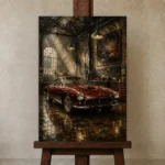 Charcoal and Deep Red Vintage Garage Wall Art Canvas Print displayed on a studio easel