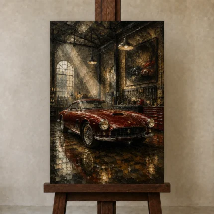 Charcoal and Deep Red Vintage Garage Wall Art Canvas Print shown in Studio Easel